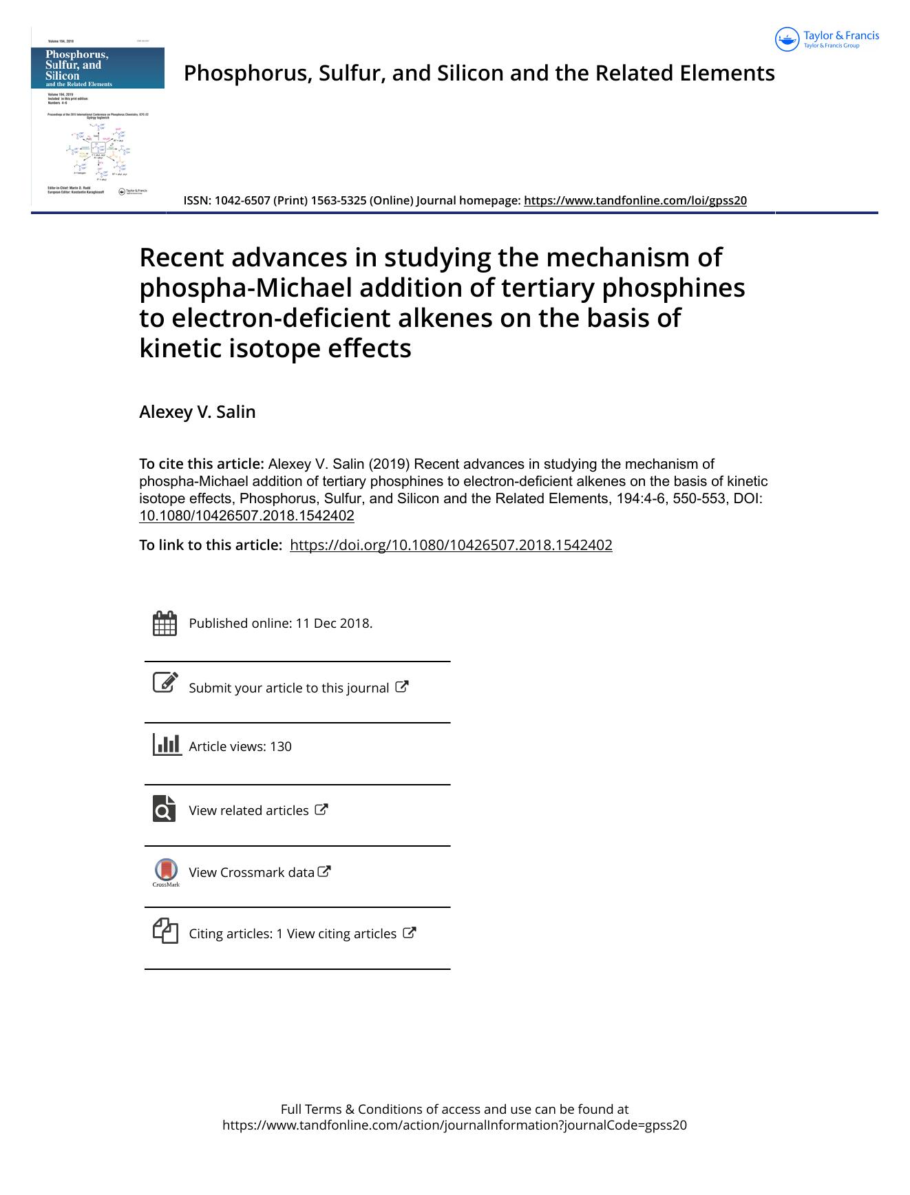 Recent advances in studying the mechanism of phospha-Michael addition of tertiary phosphines to electron-deficient alkenes on the basis of kinetic isotope effects by Salin Alexey V