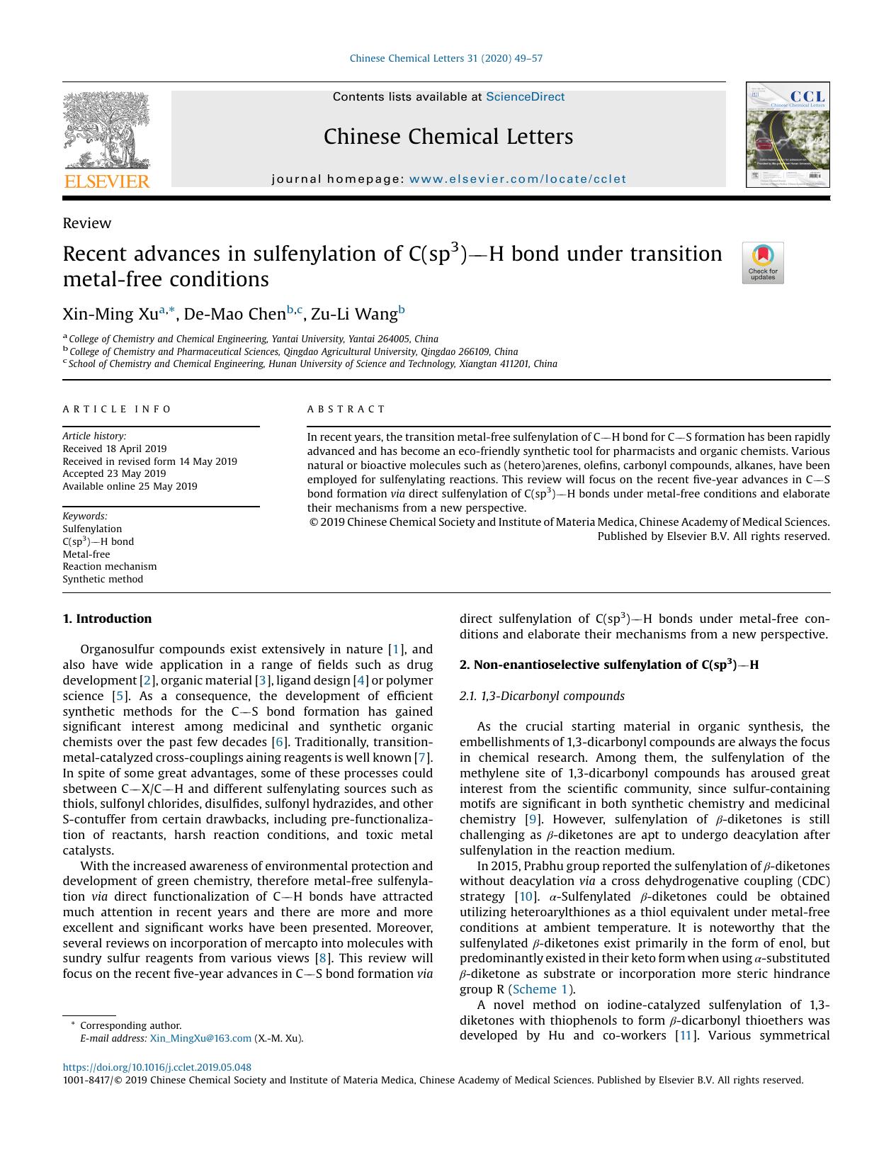 Recent advances in sulfenylation of C(sp3)H bond under transition metal-free conditions by Xin-Ming Xu & De-Mao Chen & Zu-Li Wang