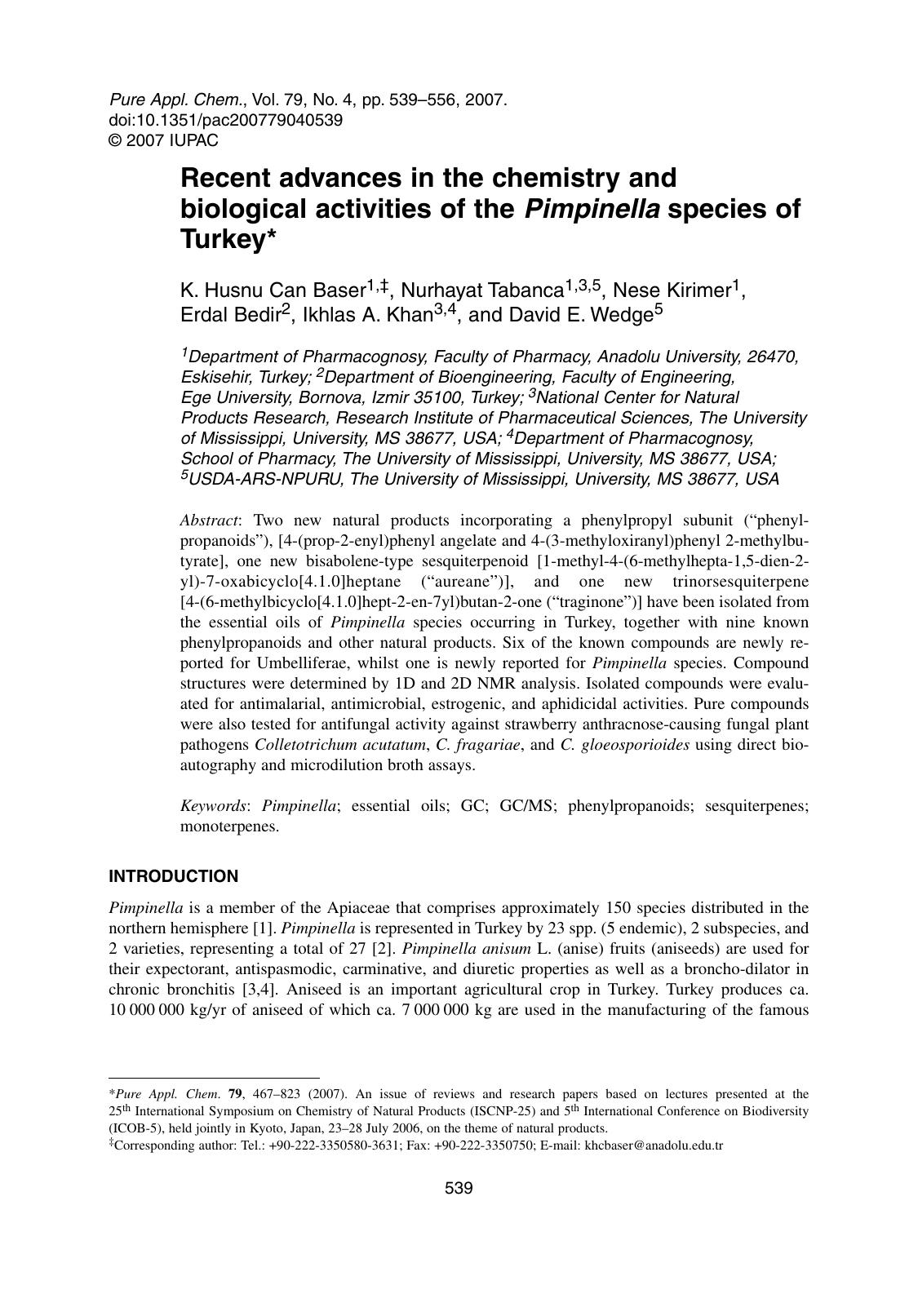 Recent advances in the chemistry and biological activities of the Pimpinella species of Turkey by K. Husnu Can Baser Nurhayat Tabanca Nese Kirime Erdal Bedir Ikhlas A. Khan & David E. Wedge