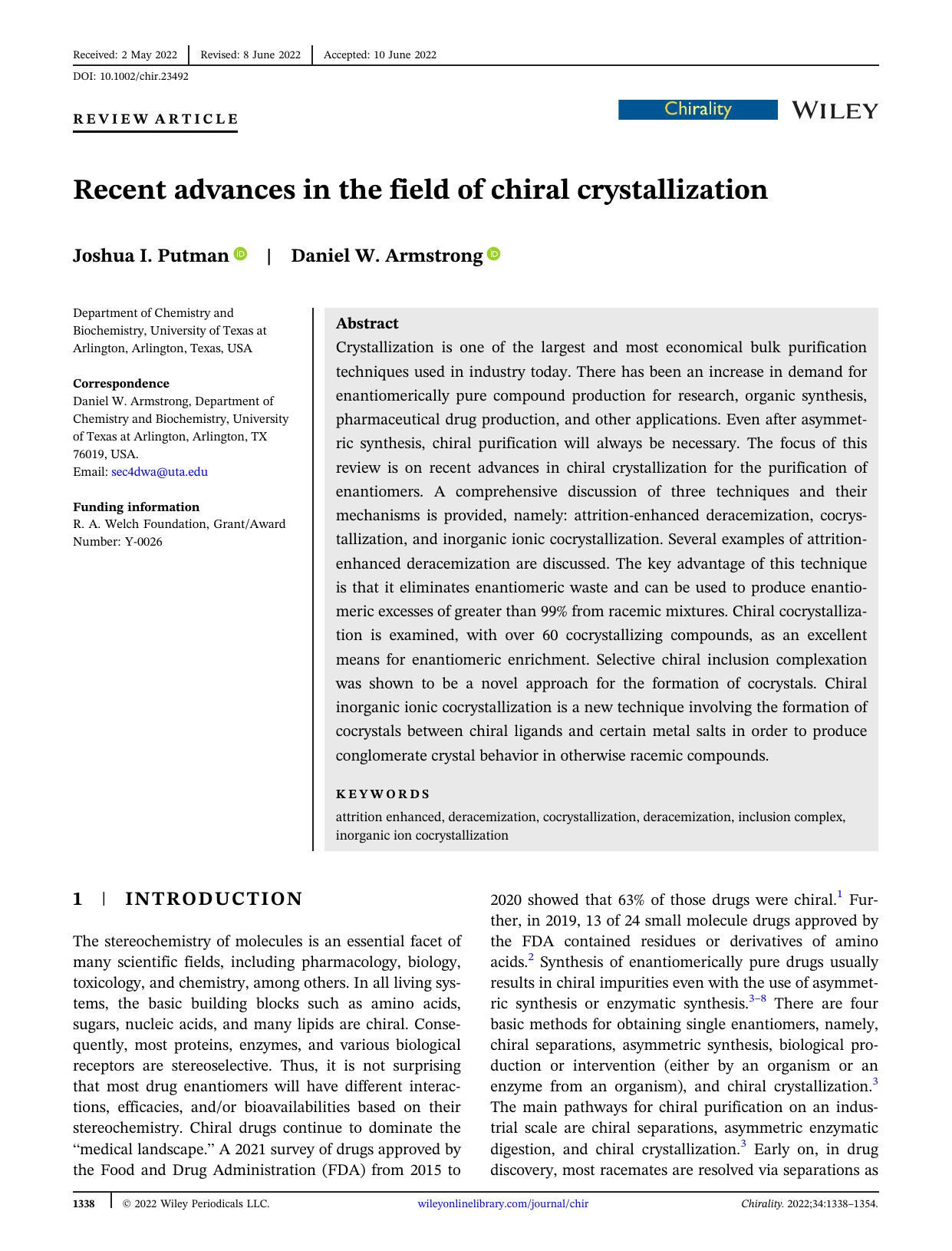 Recent advances in the field of chiral crystallization by Joshua I. Putman & Daniel W. Armstrong