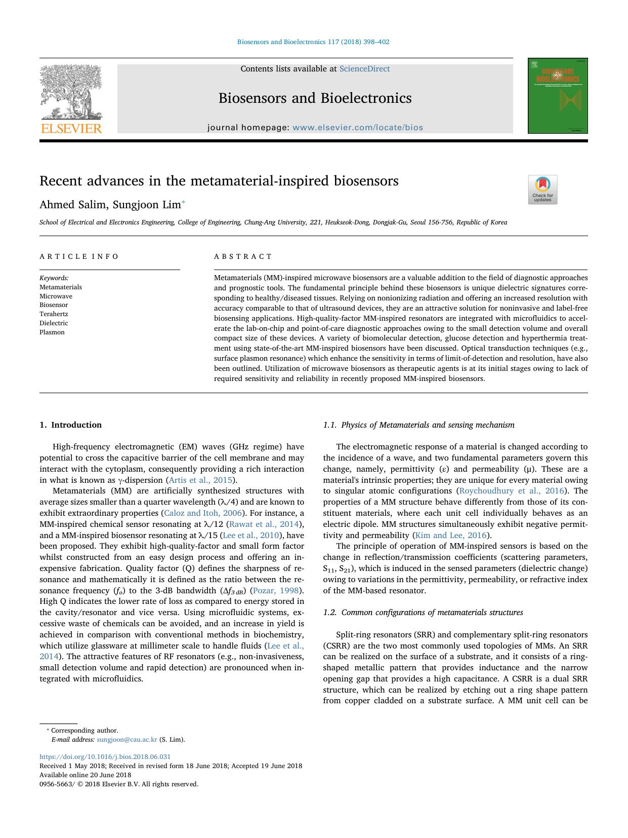 Recent advances in the metamaterial-inspired biosensors by Ahmed Salim & Sungjoon Lim