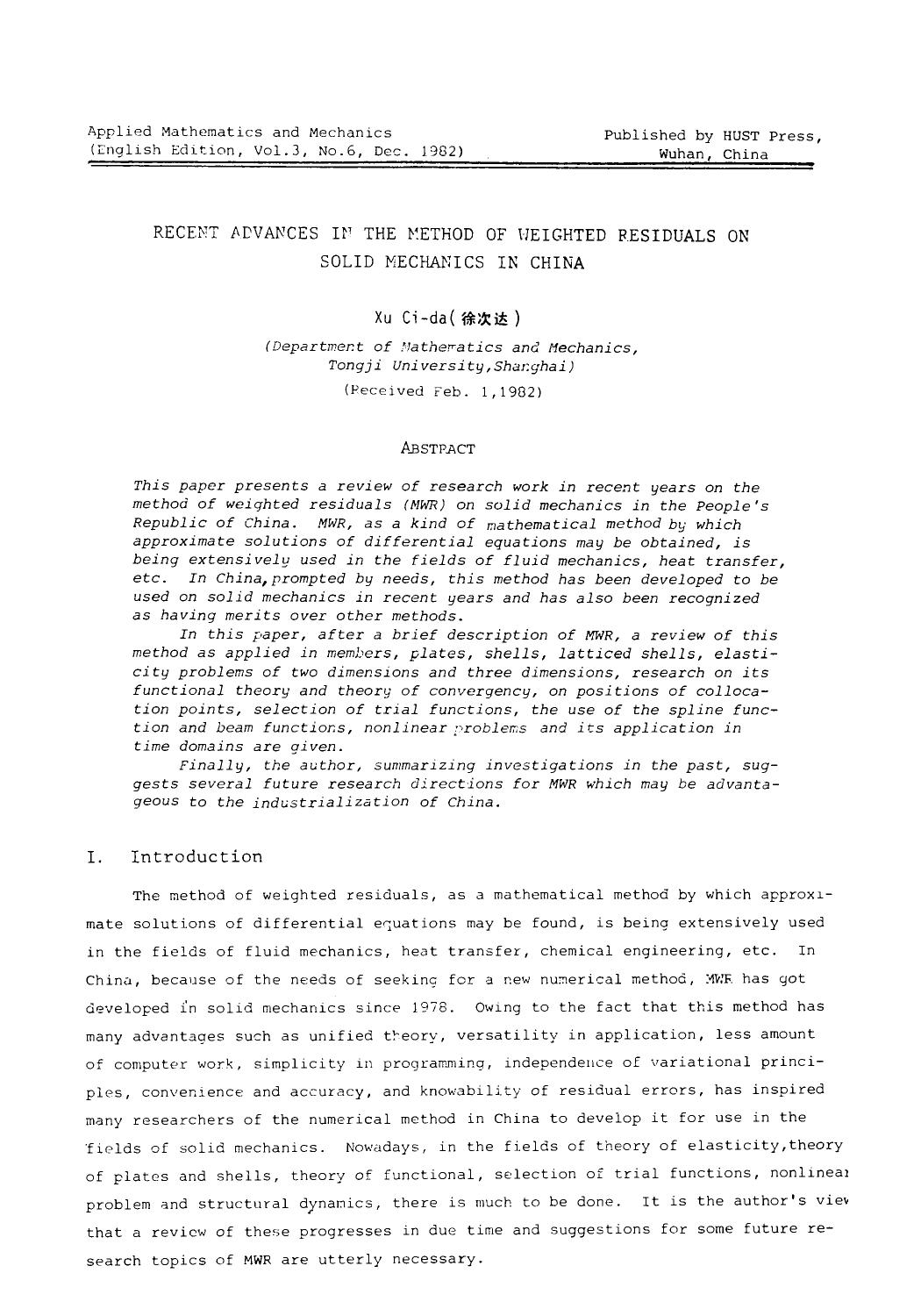 Recent advances in the method of weighted residuals on solid mechanics in China by Unknown