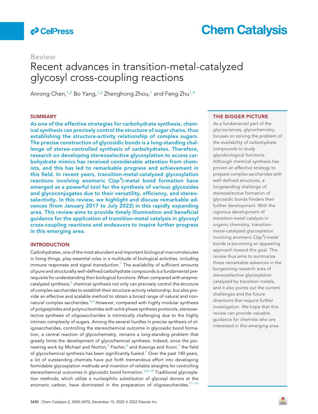 Recent advances in transition-metal-catalyzed glycosyl cross-coupling reactions by Anrong Chen & Bo Yang & Zhenghong Zhou & Feng Zhu