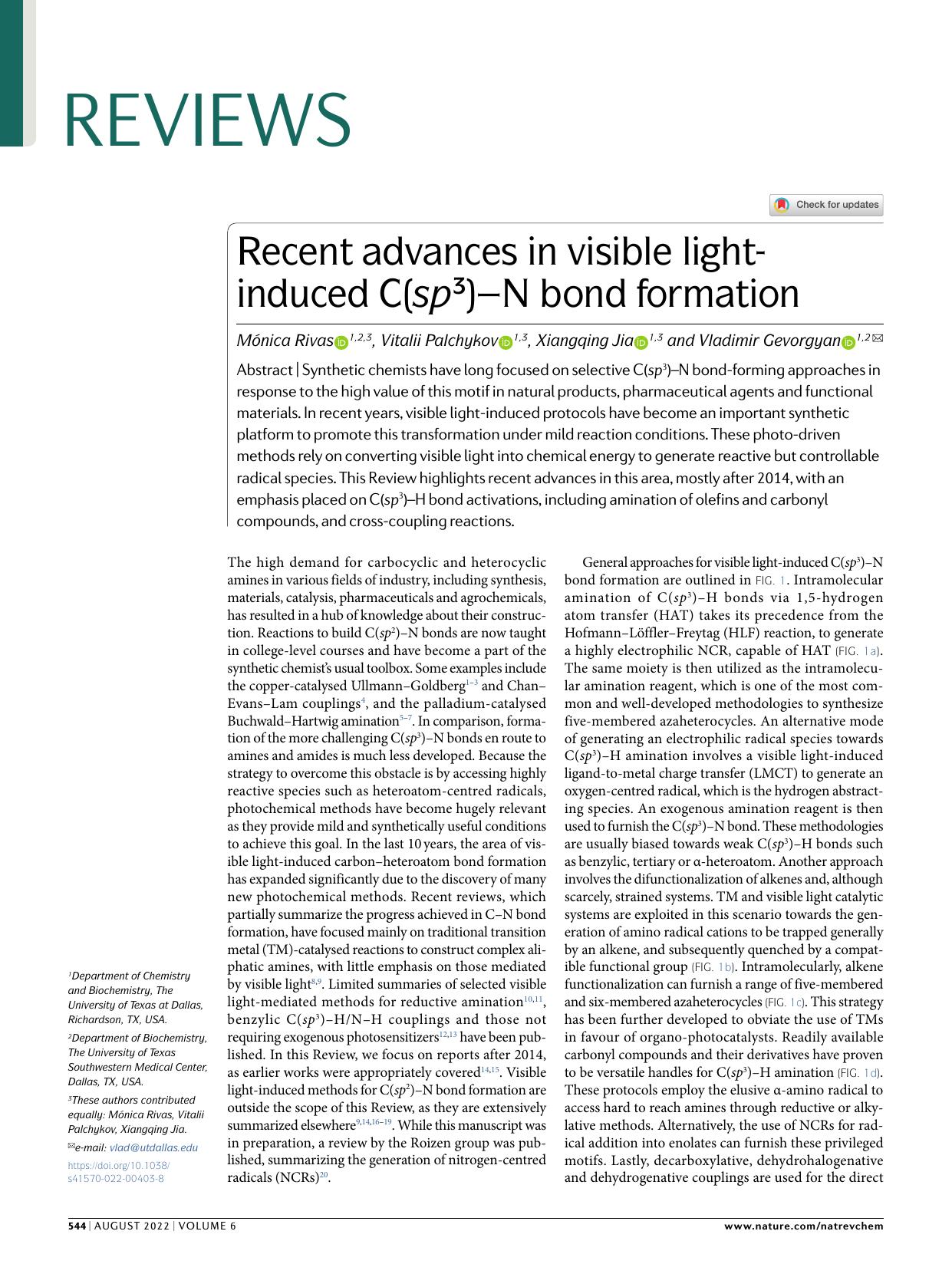 Recent advances in visible light-induced C(sp3)âN bond formation by Mónica Rivas & Vitalii Palchykov & Xiangqing Jia & Vladimir Gevorgyan