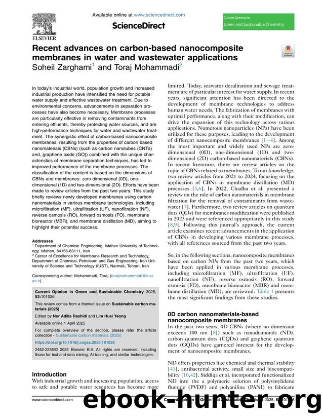 Recent advances on carbon-based nanocomposite membranes in water and wastewater applications by Soheil Zarghami & Toraj Mohammadi