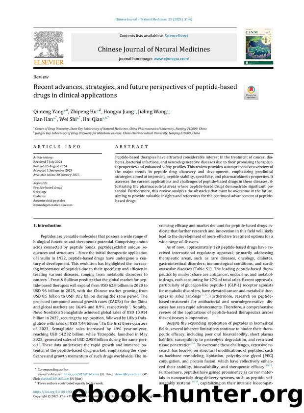 Recent advances, strategies, and future perspectives of peptide-based drugs in clinical applications by Yang Qimeng & Hu Zhipeng & Jiang Hongyu & Wang Jialing & Han Han & Shi Wei & Qian Hai