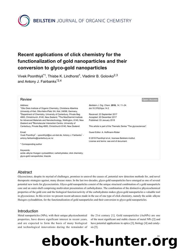 Recent applications of click chemistry for the functionalization of gold nanoparticles and their conversion to glyco-gold nanoparticles by Vivek Poonthiyil Thisbe K. Lindhorst Vladimir B. Golovko Antony J. Fairbanks