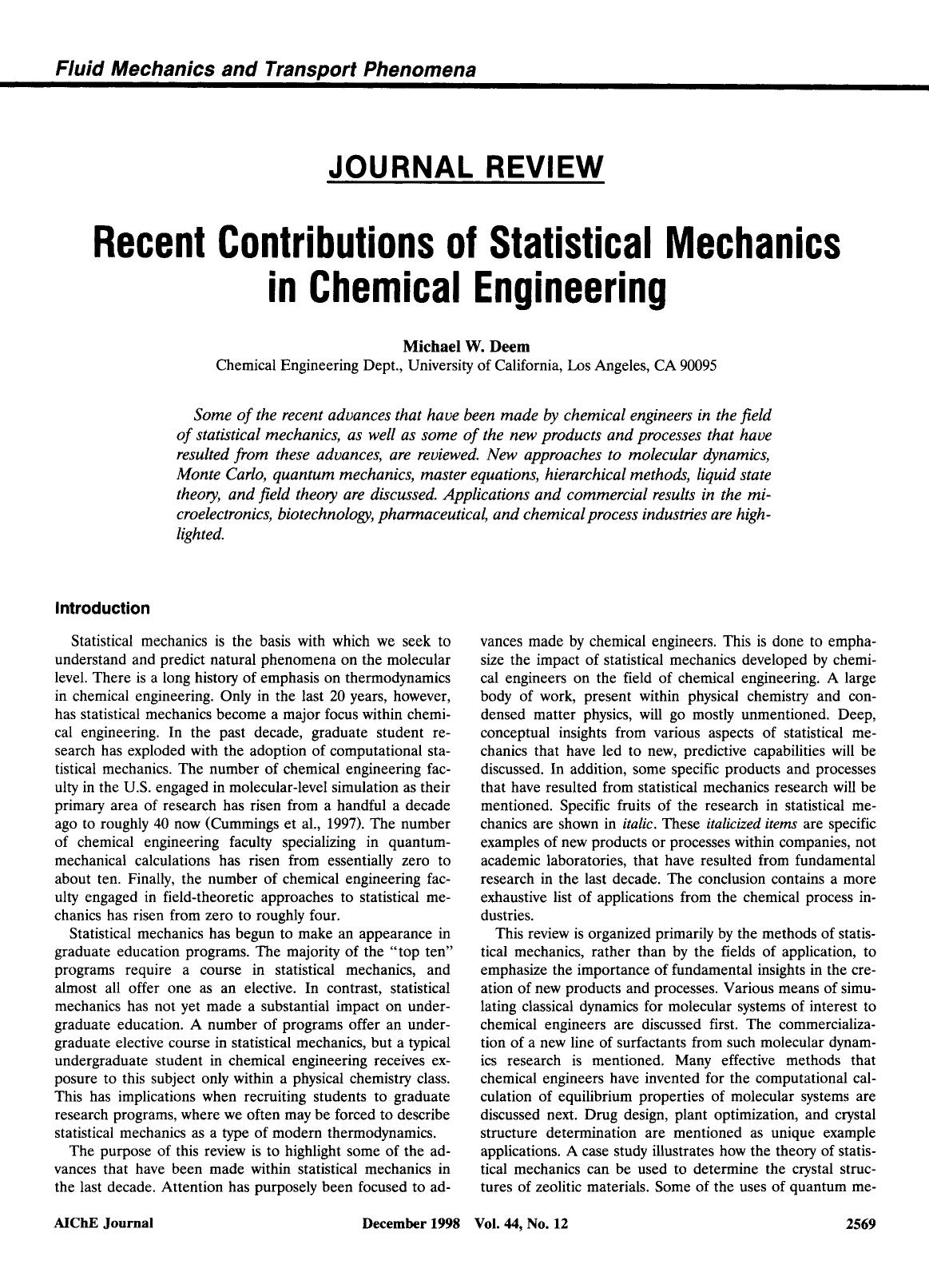 Recent contributions of statistical mechanics in chemical engineering by Unknown