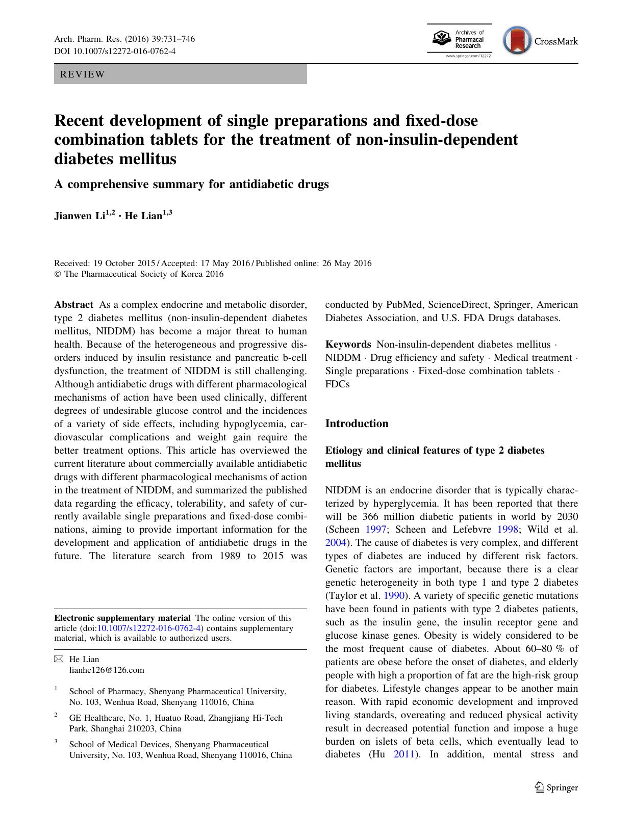 Recent development of single preparations and fixed-dose combination tablets for the treatment of non-insulin-dependent diabetes mellitus by Jianwen Li & He Lian
