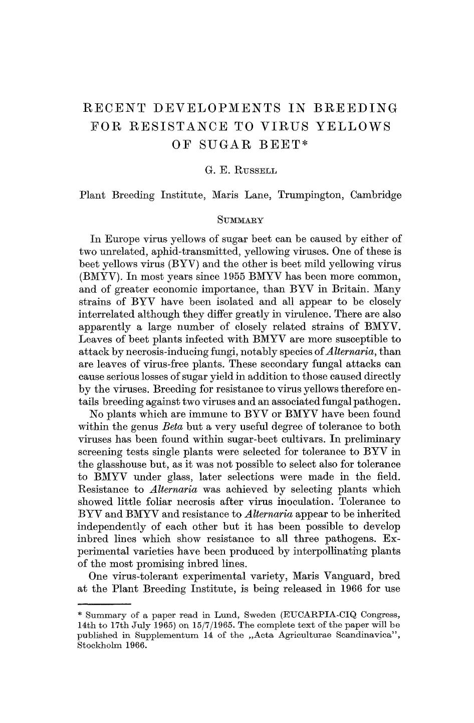 Recent developments in breeding for resistance to virus yellows of sugar beet by Unknown
