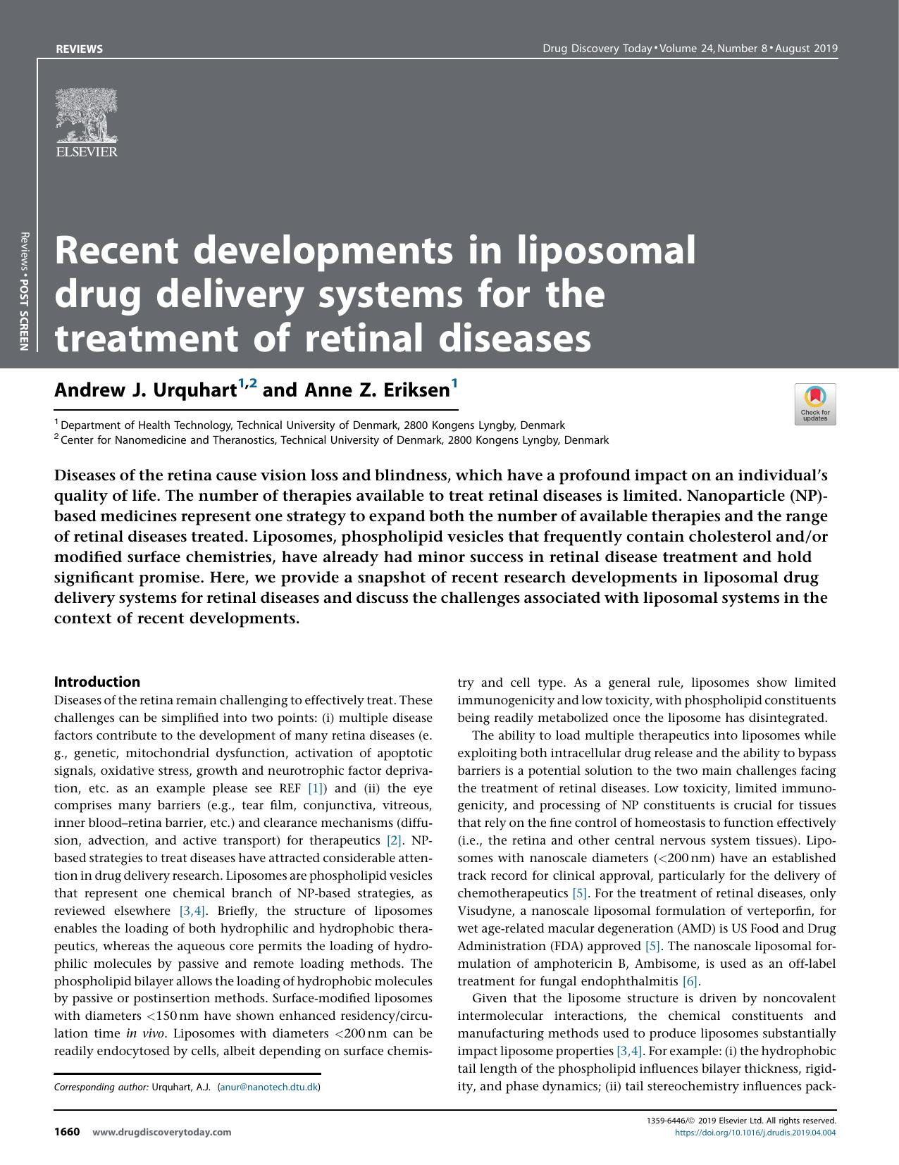 Recent developments in liposomal drug delivery systems for the treatment of retinal diseases by Andrew J. Urquhart & Anne Z. Eriksen