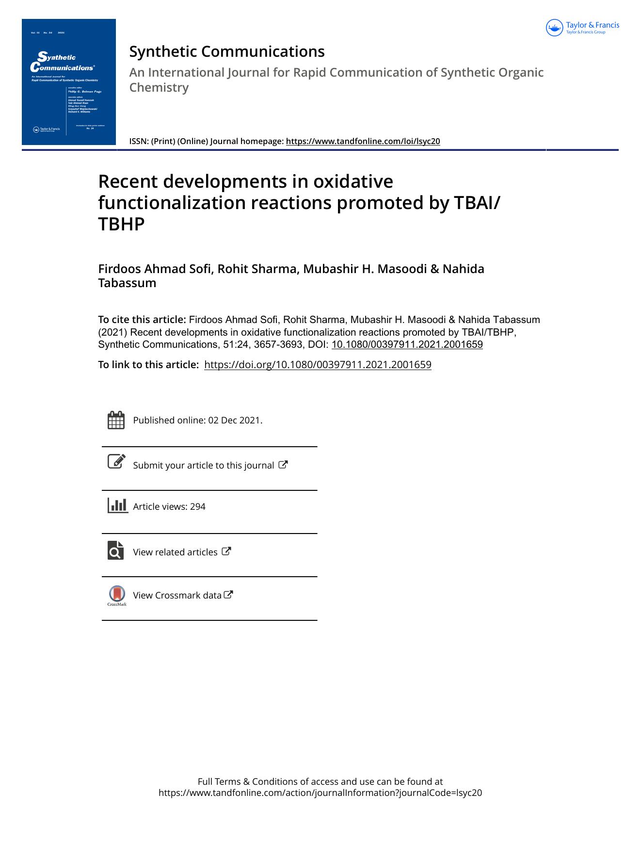 Recent developments in oxidative functionalization reactions promoted by TBAITBHP by Sofi Firdoos Ahmad & Sharma Rohit & Masoodi Mubashir H. & Tabassum Nahida