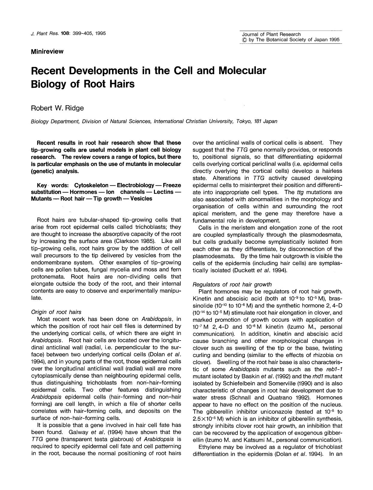 Recent developments in the cell and molecular biology of root hairs by Unknown