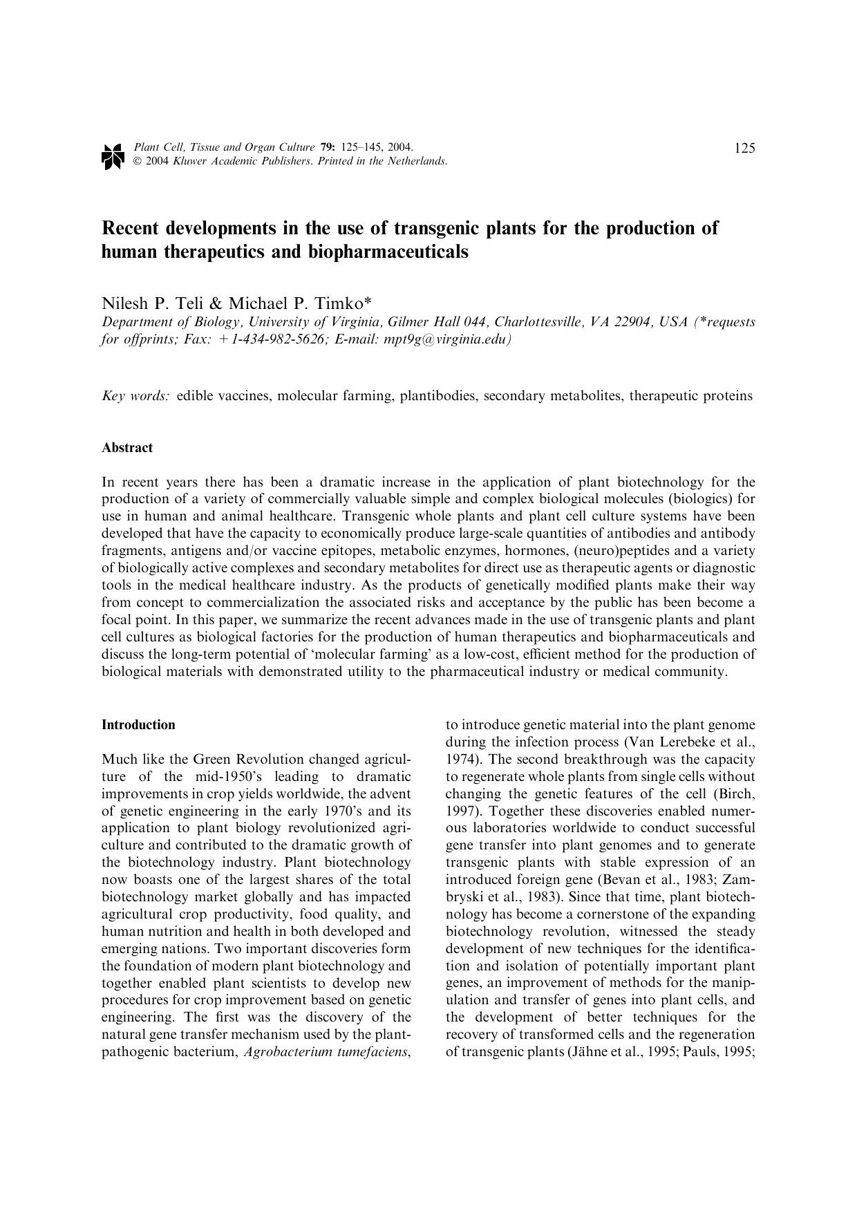 Recent developments in the use of transgenic plants for the production of human therapeutics and biopharmaceuticals by Unknown