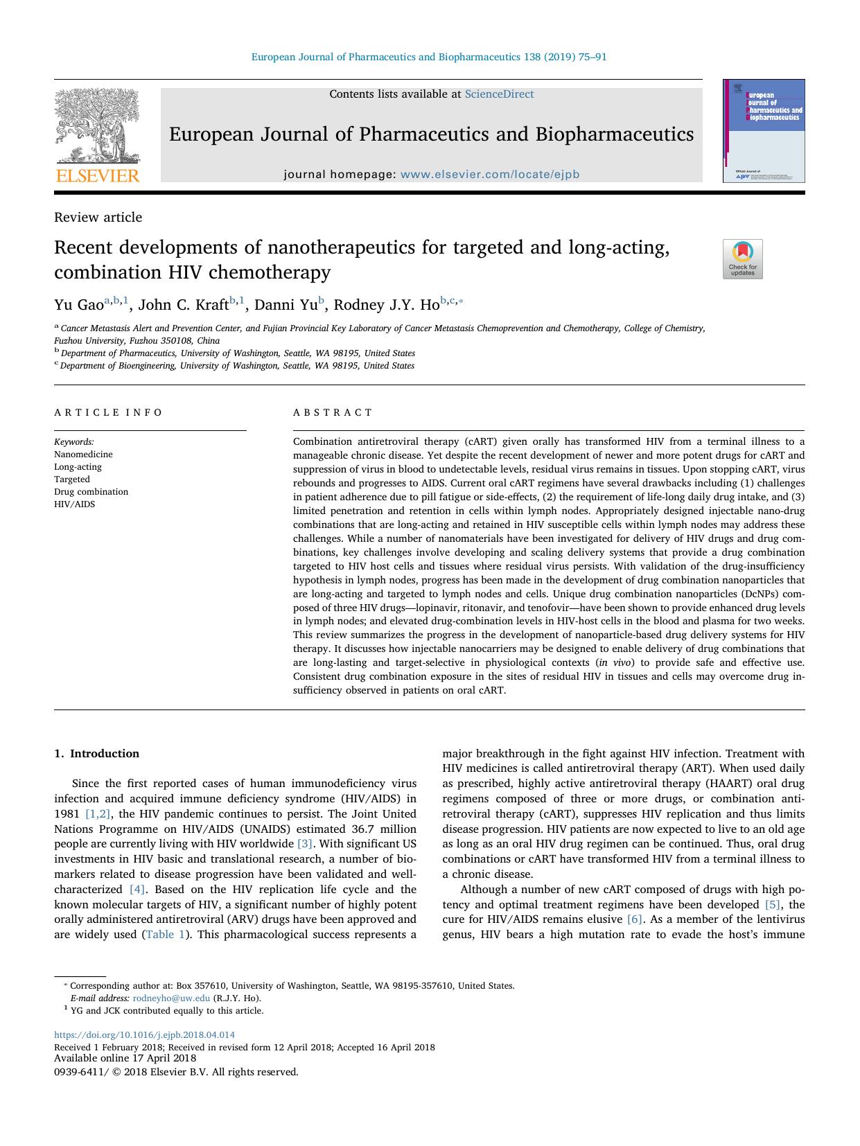Recent developments of nanotherapeutics for targeted and long-acting, combination HIV chemotherapy by Yu Gao