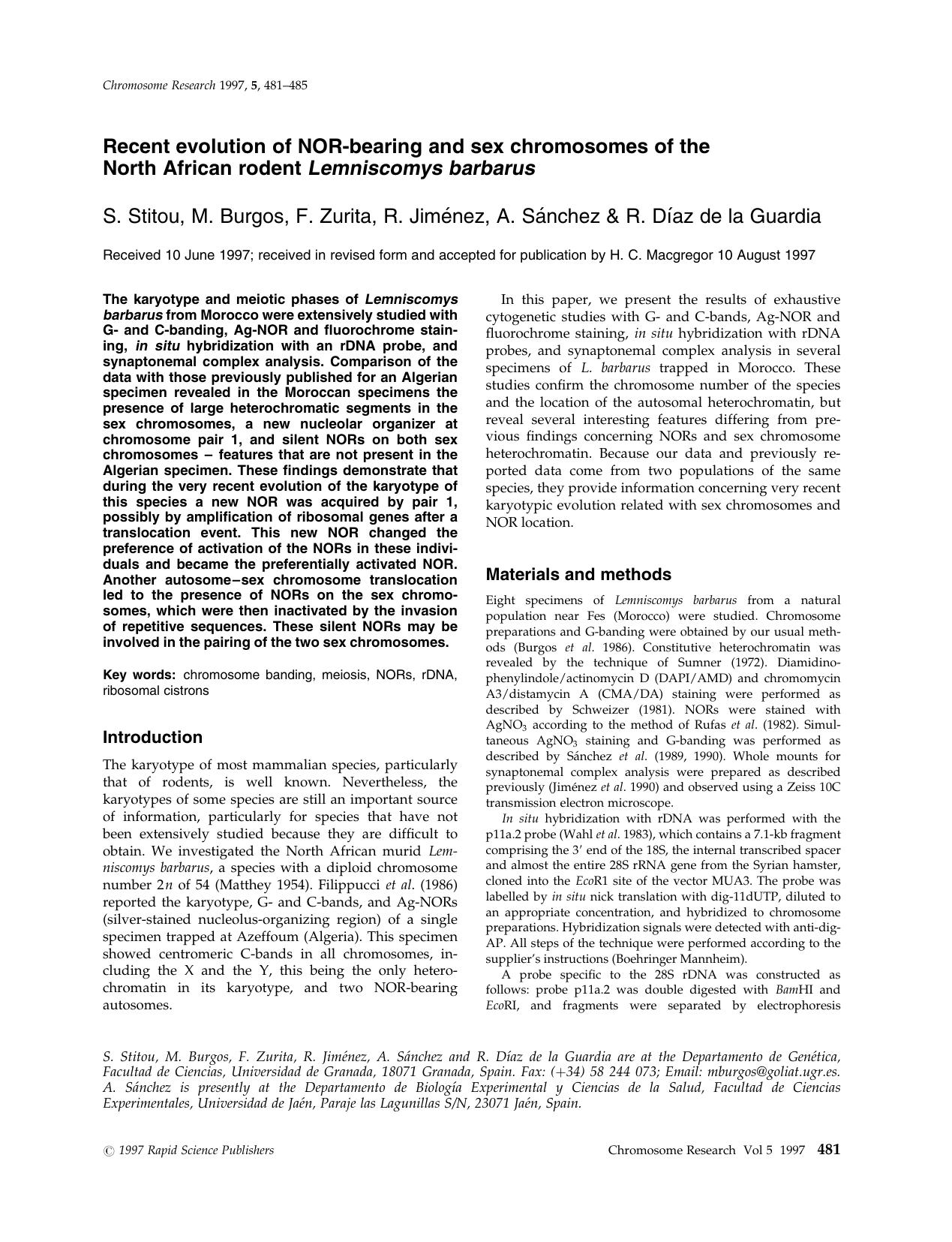 Recent evolution of NOR-bearing and sex chromosomes of the North African rodent Lemniscomys barbarus by Unknown