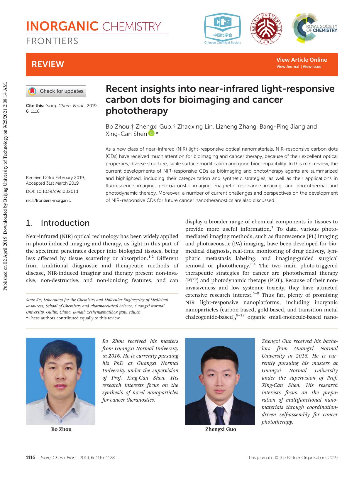 Recent insights into near-infrared light-responsive carbon dots for bioimaging and cancer phototherapy by Bo Zhou Zhengxi Guo Zhaoxing Lin Lizheng Zhang Bang-Ping Jiang Xing-Can Shen