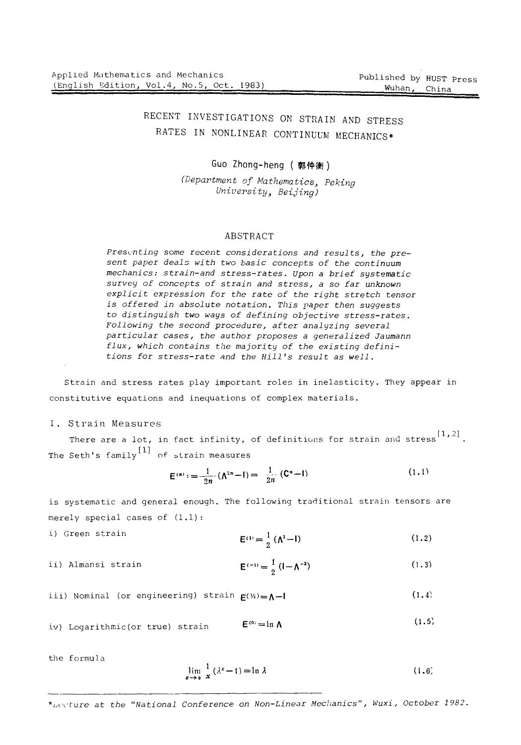 Recent investigations on strain and stress rates in nonlinear continuum mechanics by Unknown