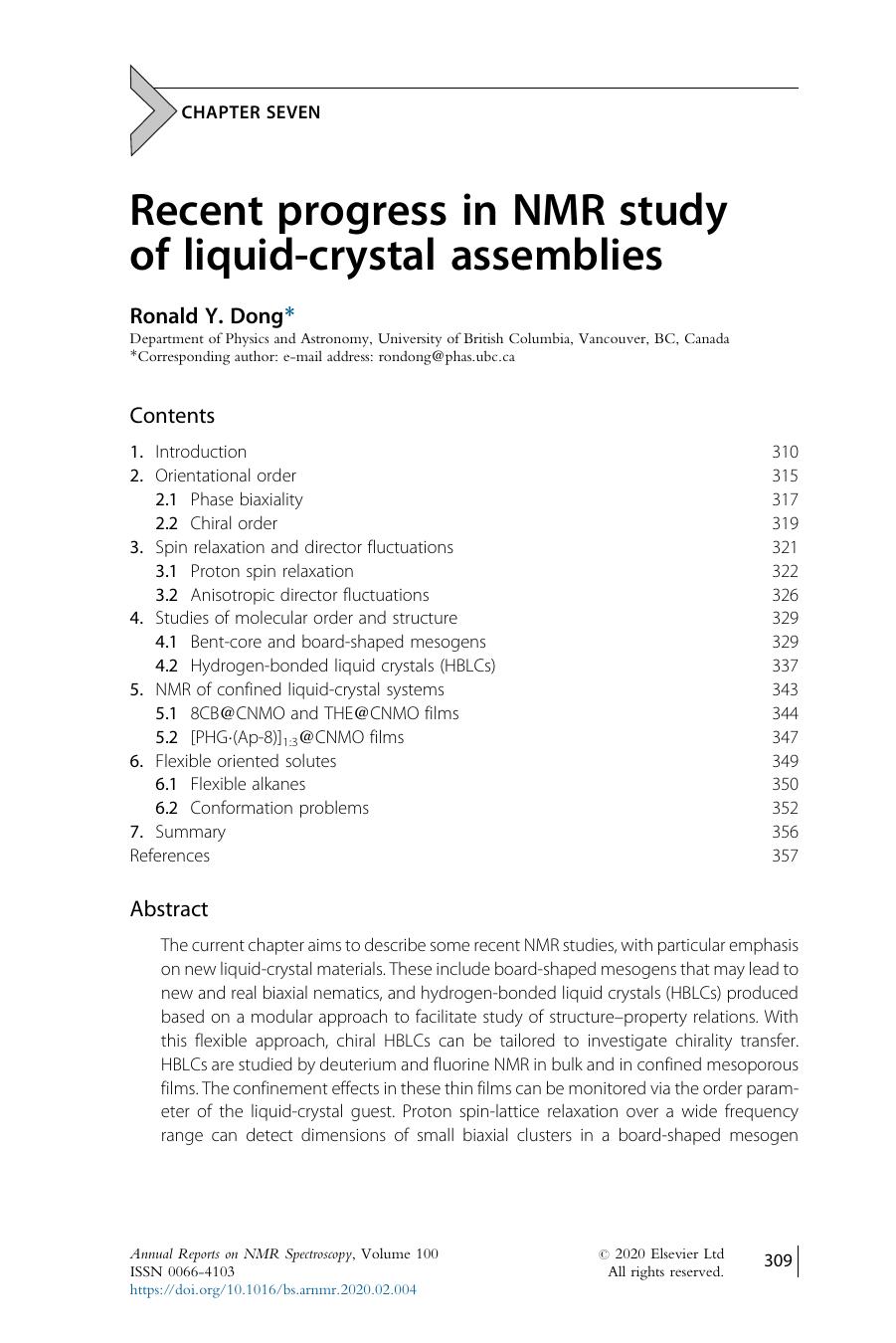 Recent progress in NMR study of liquid-crystal assemblies by Ronald Y. Dong