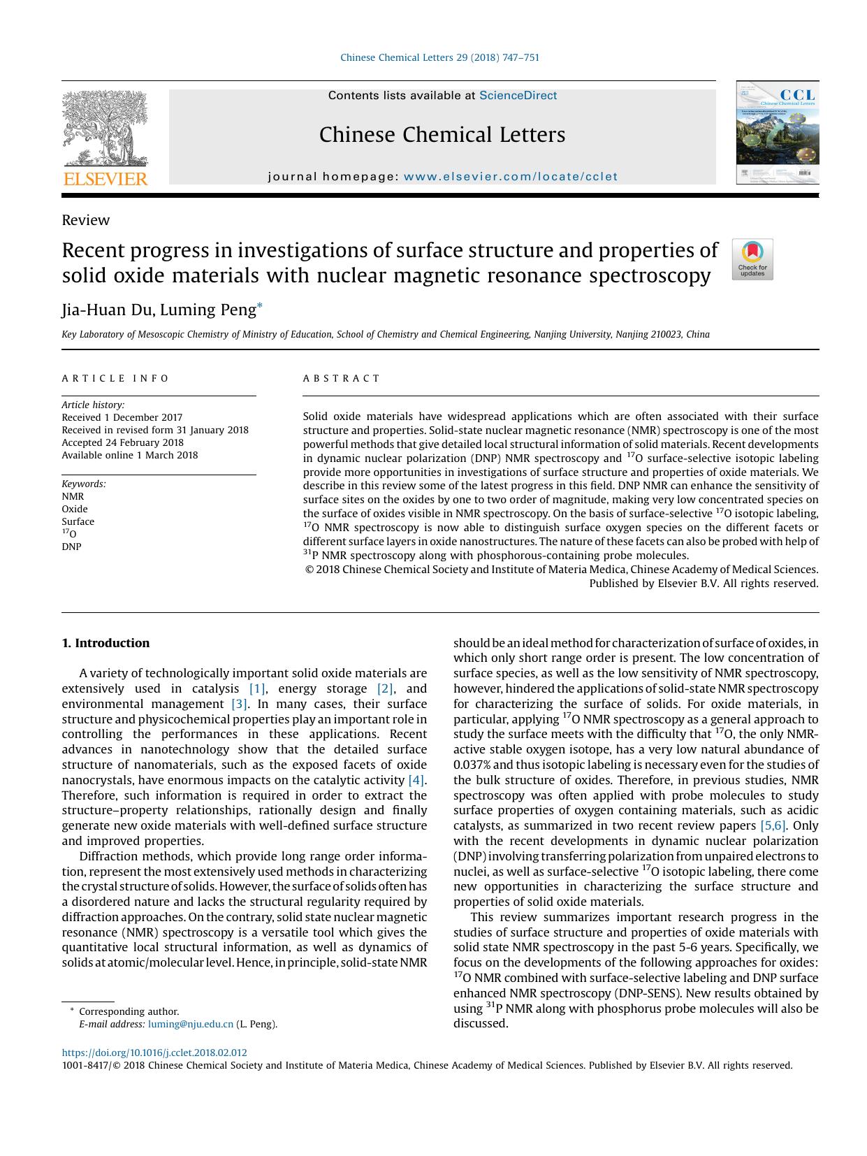 Recent progress in investigations of surface structure and properties of solid oxide materials with nuclear magnetic resonance spectroscopy by Jia-Huan Du & Luming Peng