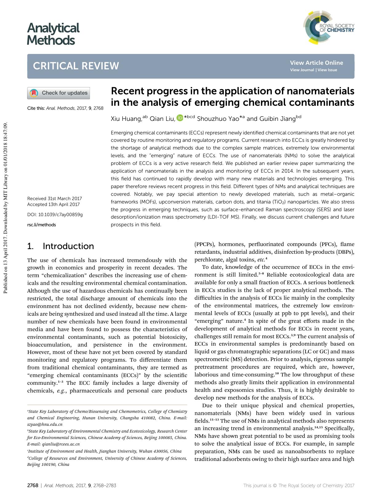 Recent progress in the application of nanomaterials in the analysis of emerging chemical contaminants by Xiu Huang & Qian Liu & Shouzhuo Yao & Guibin Jiang