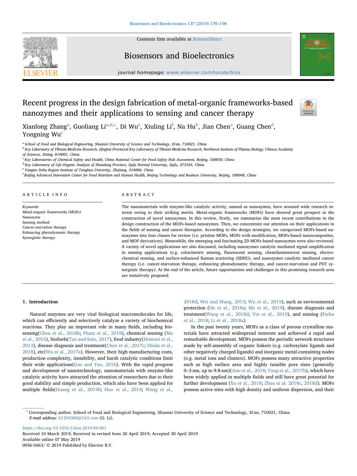 Recent progress in the design fabrication of metal-organic frameworks-based nanozymes and their applications to sensing and cancer therapy by Xianlong Zhang & Guoliang Li & Di Wu & Xiuling Li & Na Hu & Jian Chen & Guang Chen & Yongning Wu