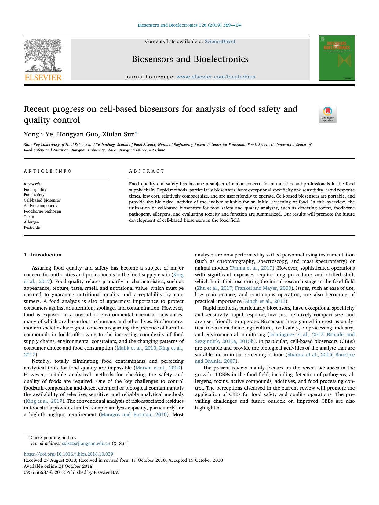 Recent progress on cell-based biosensors for analysis of food safety and quality control by Yongli Ye & Hongyan Guo & Xiulan Sun