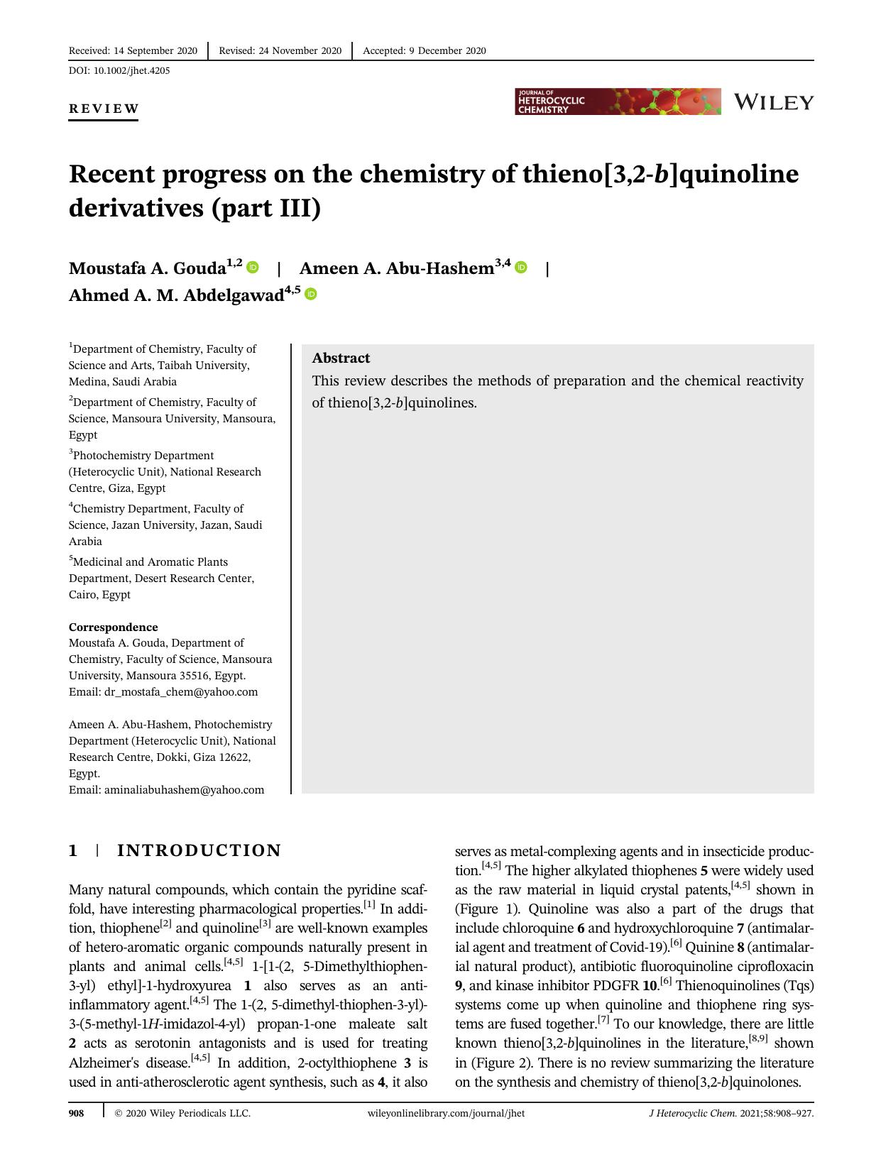Recent progress on the chemistry of thieno[3,2-b]quinoline derivatives (Part III) by Unknown