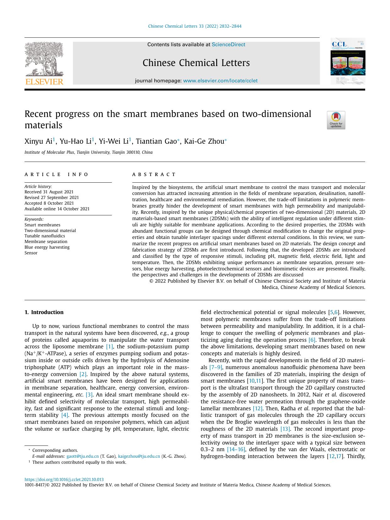 Recent progress on the smart membranes based on two-dimensional materials by Xinyu Ai & Yu-Hao Li & Yi-Wei Li & Tiantian Gao & Kai-Ge Zhou