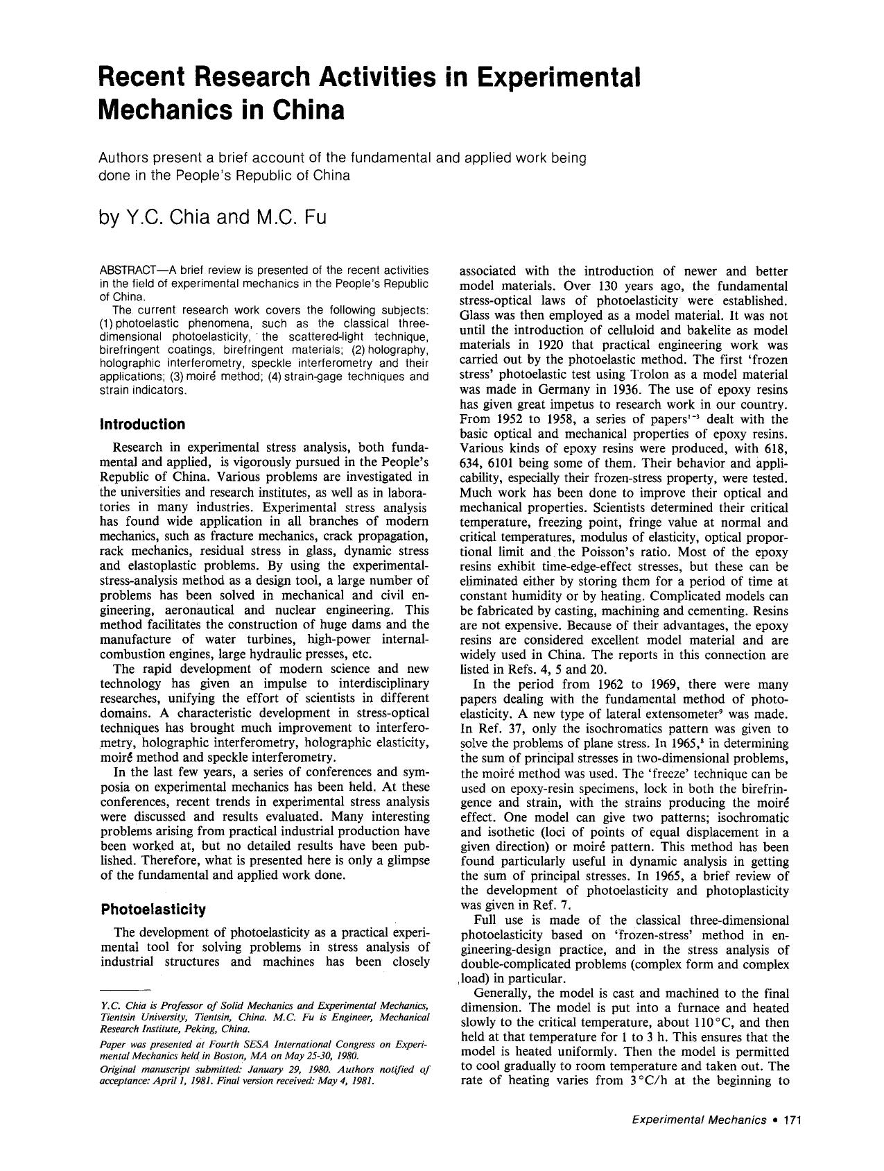 Recent research activities in experimental mechanics in China by Unknown