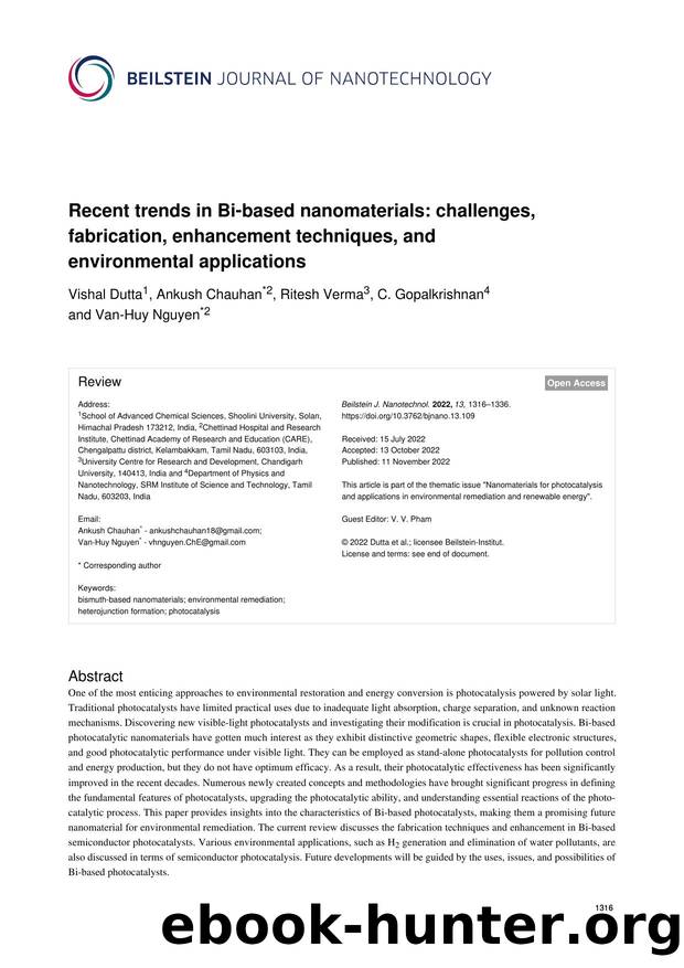 Recent trends in Bi-based nanomaterials: challenges, fabrication, enhancement techniques, and environmental applications by Vishal Dutta Ankush Chauhan Ritesh Verma C. Gopalkrishnan Van-Huy Nguyen