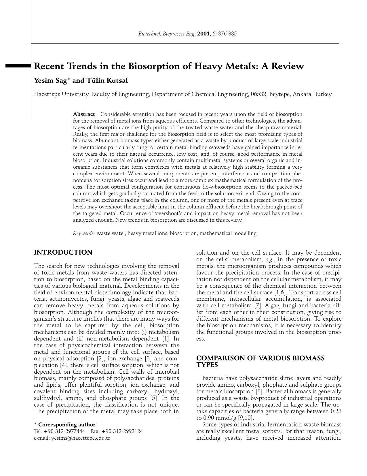 Recent trends in the biosorption of heavy metals: A review by Unknown