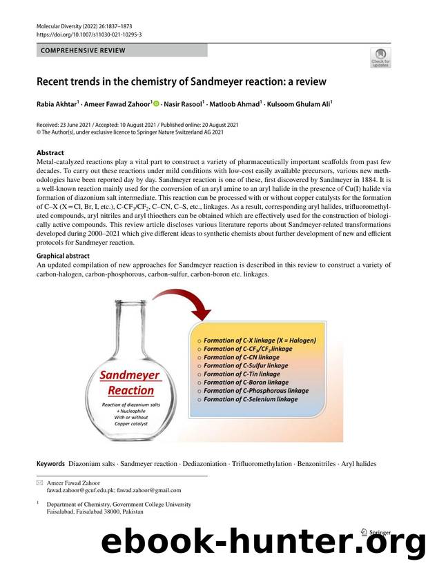 Recent trends in the chemistry of Sandmeyer reaction: a review by Rabia Akhtar & Ameer Fawad Zahoor & Nasir Rasool & Matloob Ahmad & Kulsoom Ghulam Ali