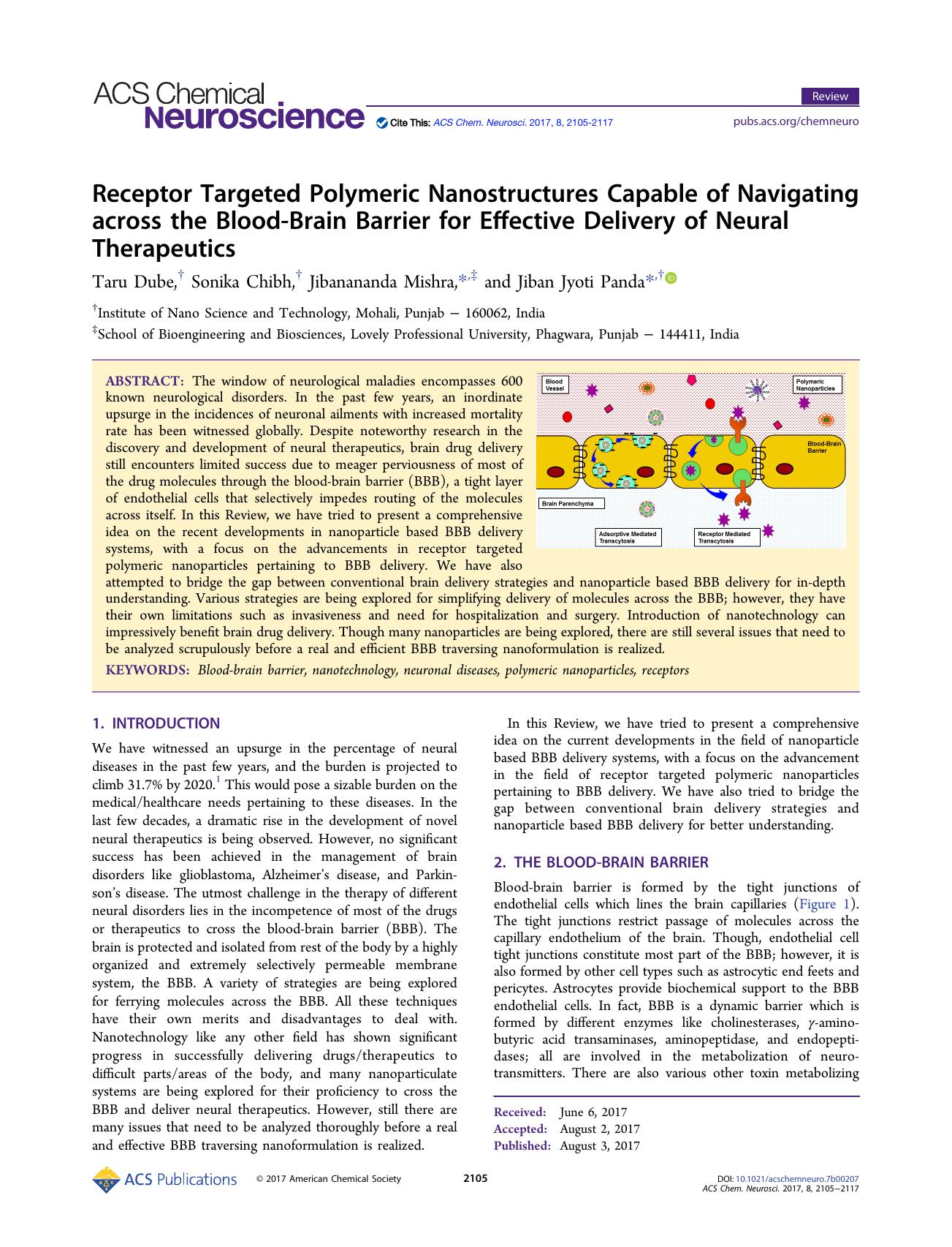 Receptor Targeted Polymeric Nanostructures Capable of Navigating across the Blood-Brain Barrier for Effective Delivery of Neural Therapeutics by Taru Dube Sonika Chibh Jibanananda Mishra and Jiban Jyoti Panda