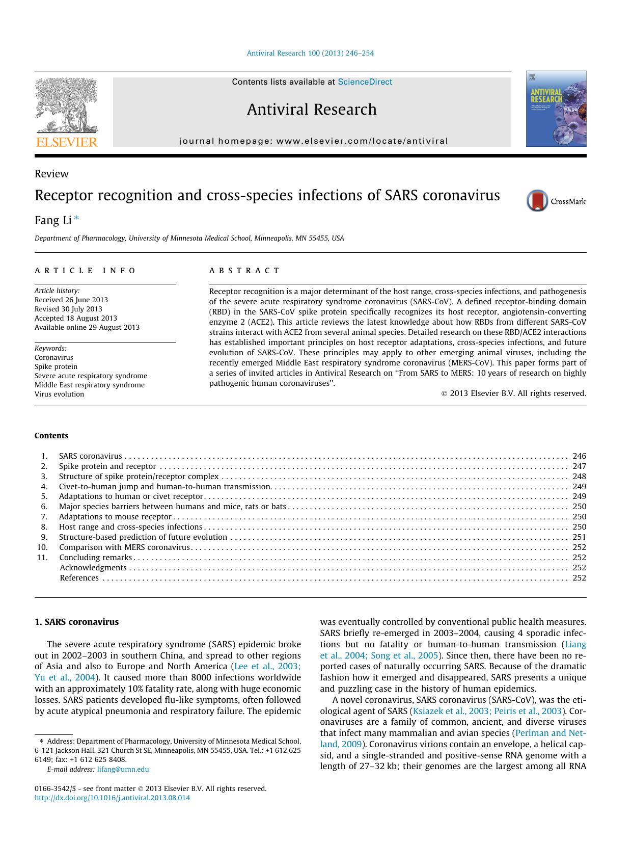 Receptor recognition and cross-species infections of SARS coronavirus by Fang Li
