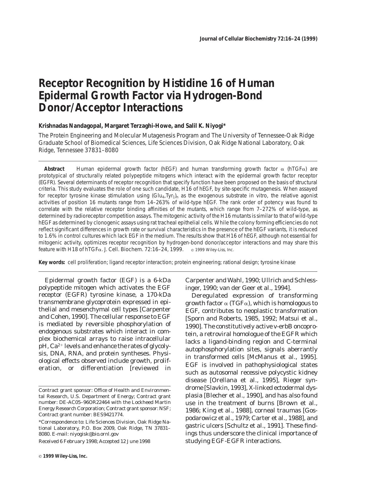 Receptor recognition by histidine 16 of human epidermal growth factor via hydrogen-bond donoracceptor interactions by Unknown