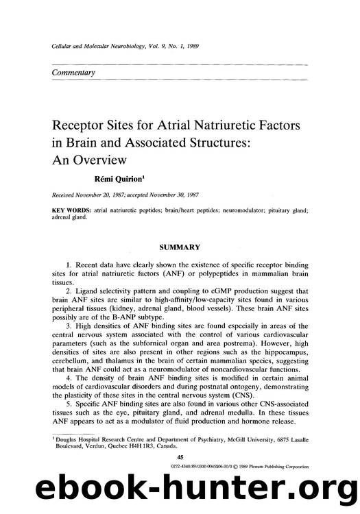 Receptor sites for atrial natriuretic factors in brain and associated structures: an overview by Unknown