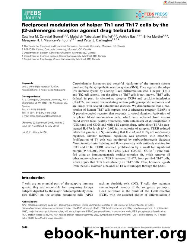 Reciprocal modulation of helper Th1 and Th17 cells by the Î²2âadrenergic receptor agonist drug terbutaline by Unknown