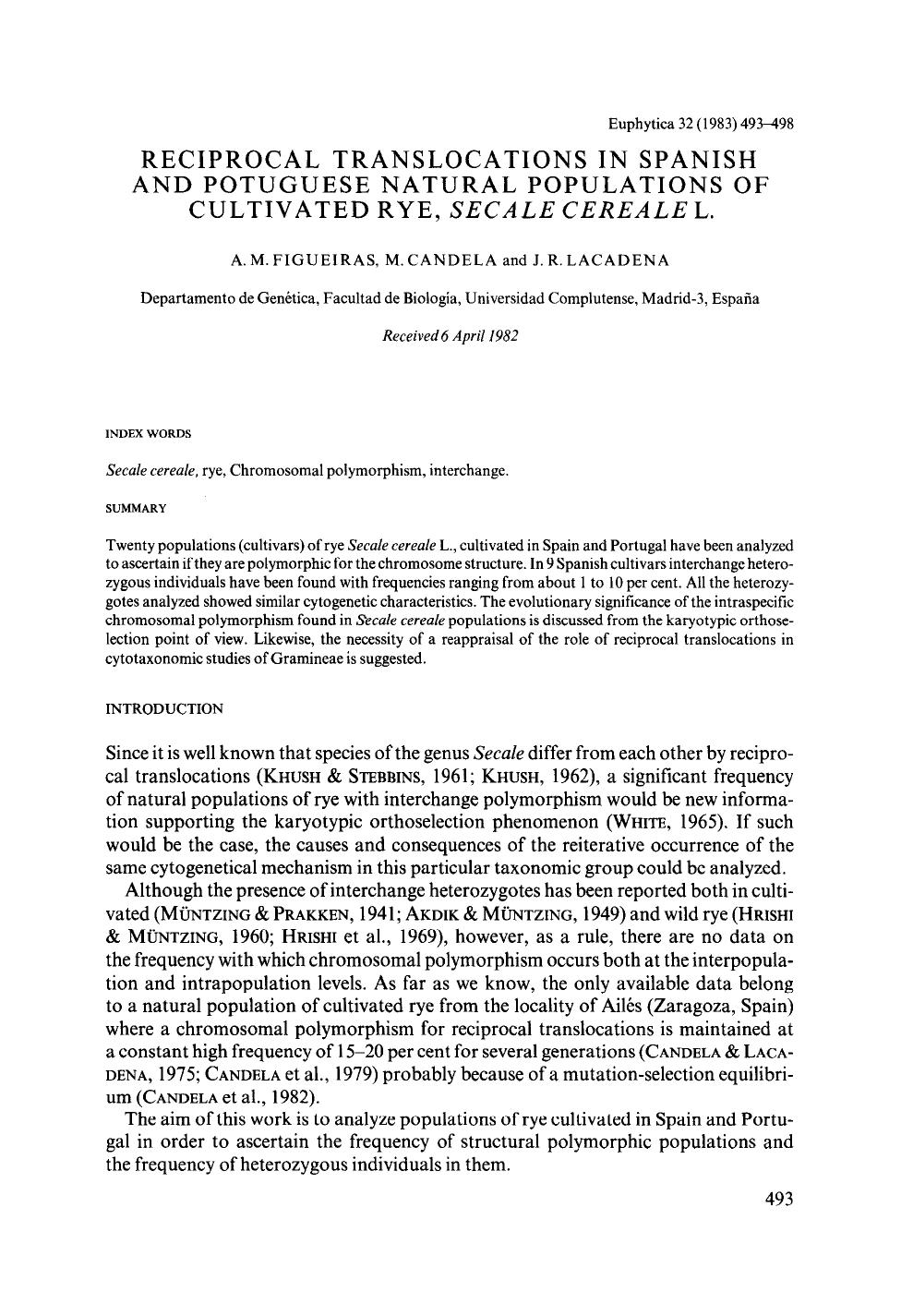 Reciprocal translocations in Spanish and Potuguese natural populations of cultivated rye, <Emphasis Type="Italic">Secale cereale <Emphasis> L. by Unknown