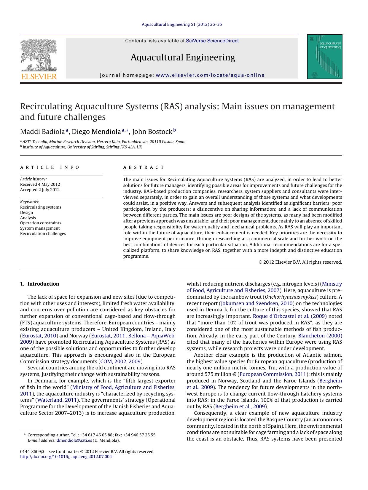 Recirculating Aquaculture Systems (RAS) analysis: Main issues on management and future challenges by Maddi Badiola