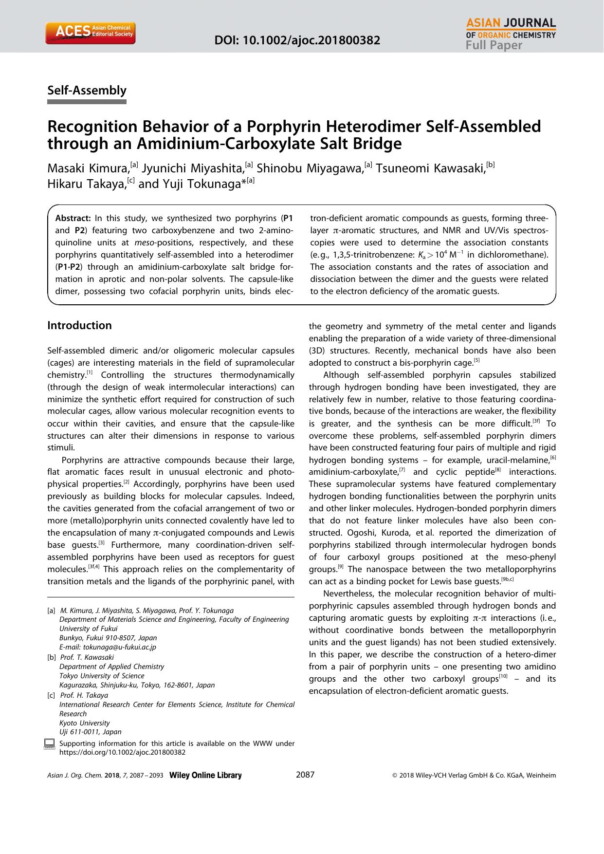 Recognition Behavior of a Porphyrin Heterodimer SelfâAssembled through an AmidiniumâCarboxylate Salt Bridge by Unknown