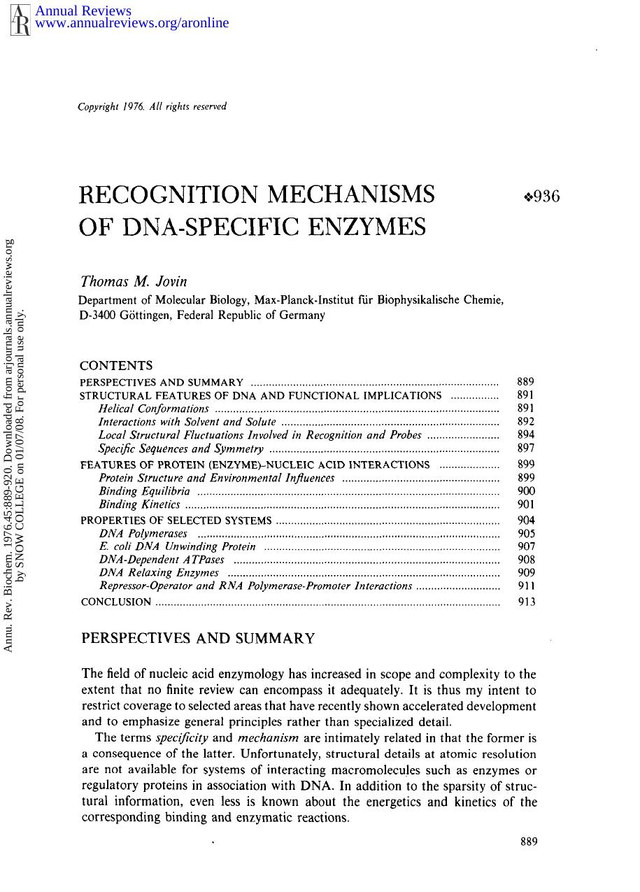 Recognition Mechanisms of DNA-Specific Enzymes by T M Jovin