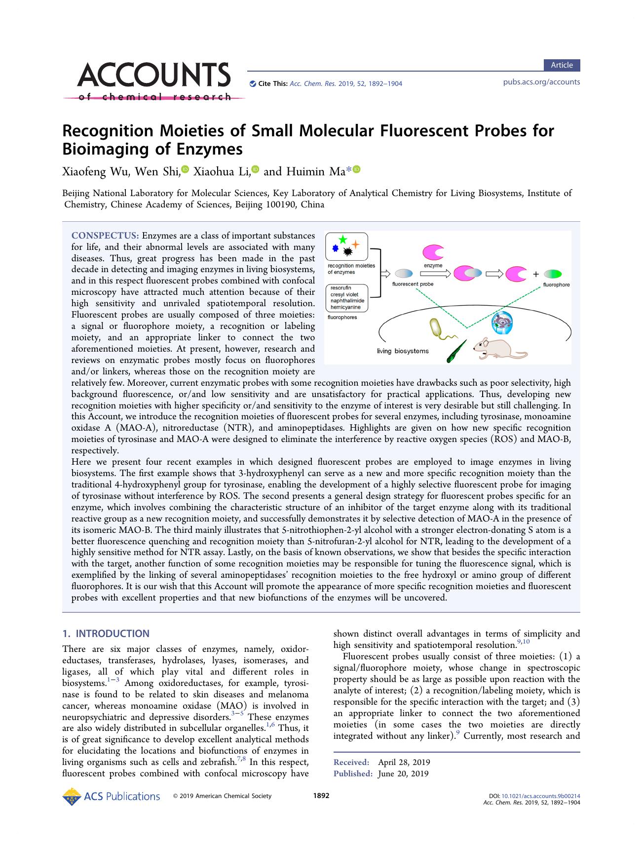 Recognition Moieties of Small Molecular Fluorescent Probes for Bioimaging of Enzymes by Xiaofeng Wu; Wen Shi; Xiaohua Li; Huimin Ma & Wen Shi & Xiaohua Li & Huimin Ma