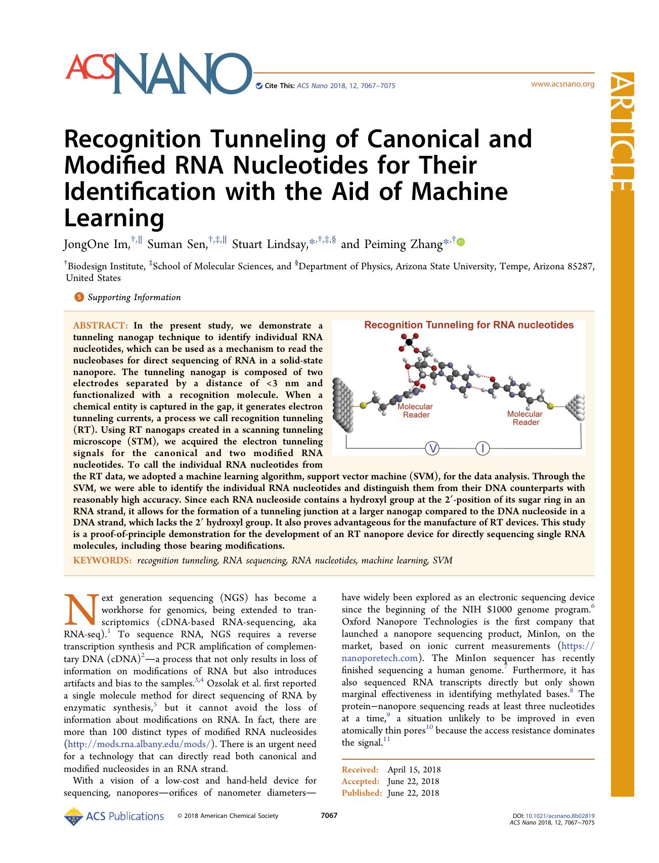 Recognition Tunneling of Canonical and Modified RNA Nucleotides for Their Identification with the Aid of Machine Learning by JongOne Im Suman Sen Stuart Lindsay and Peiming Zhang