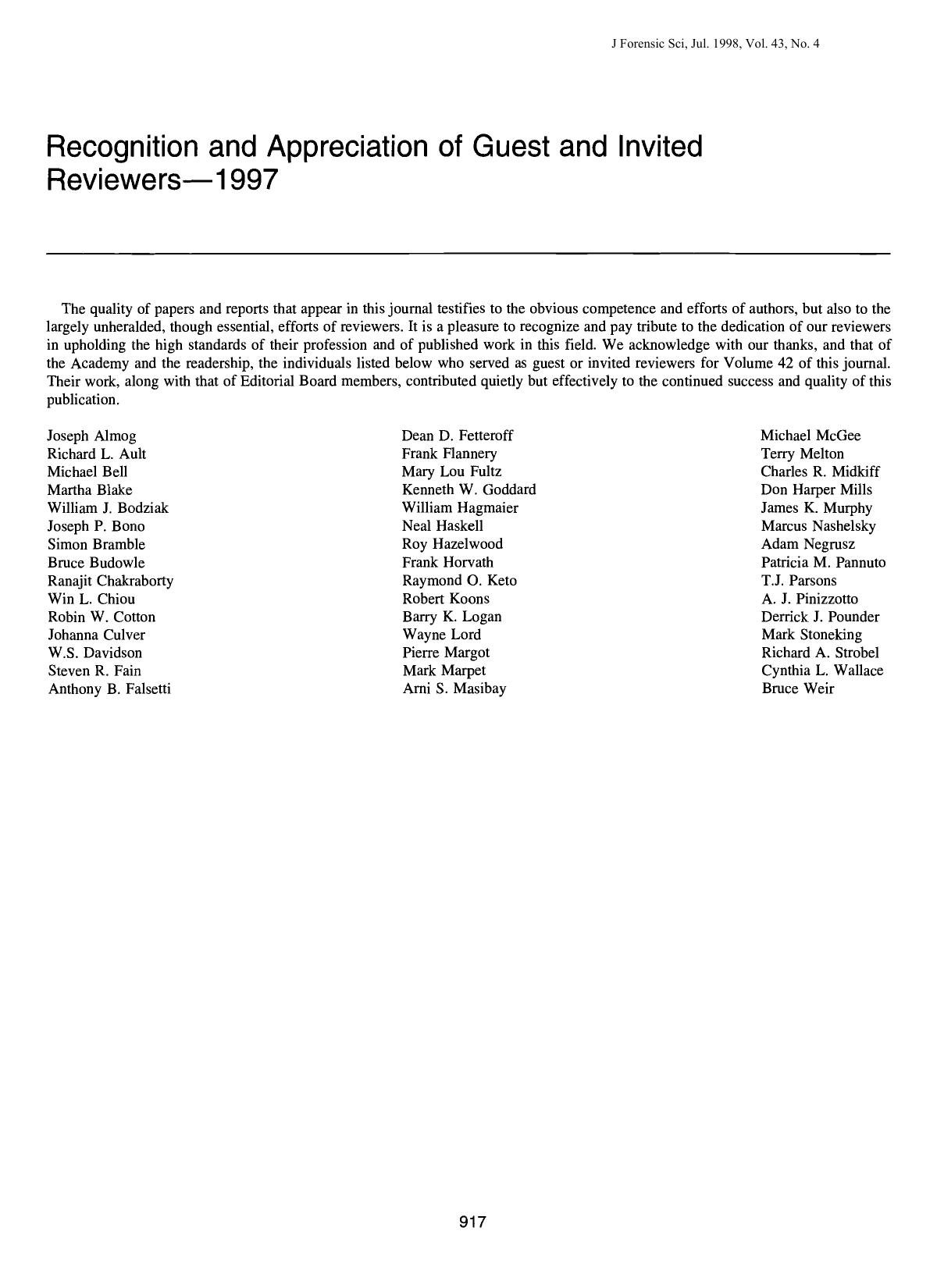 Recognition and Appreciation of Guest and Invited ReviewersÂ1997 by Unknown