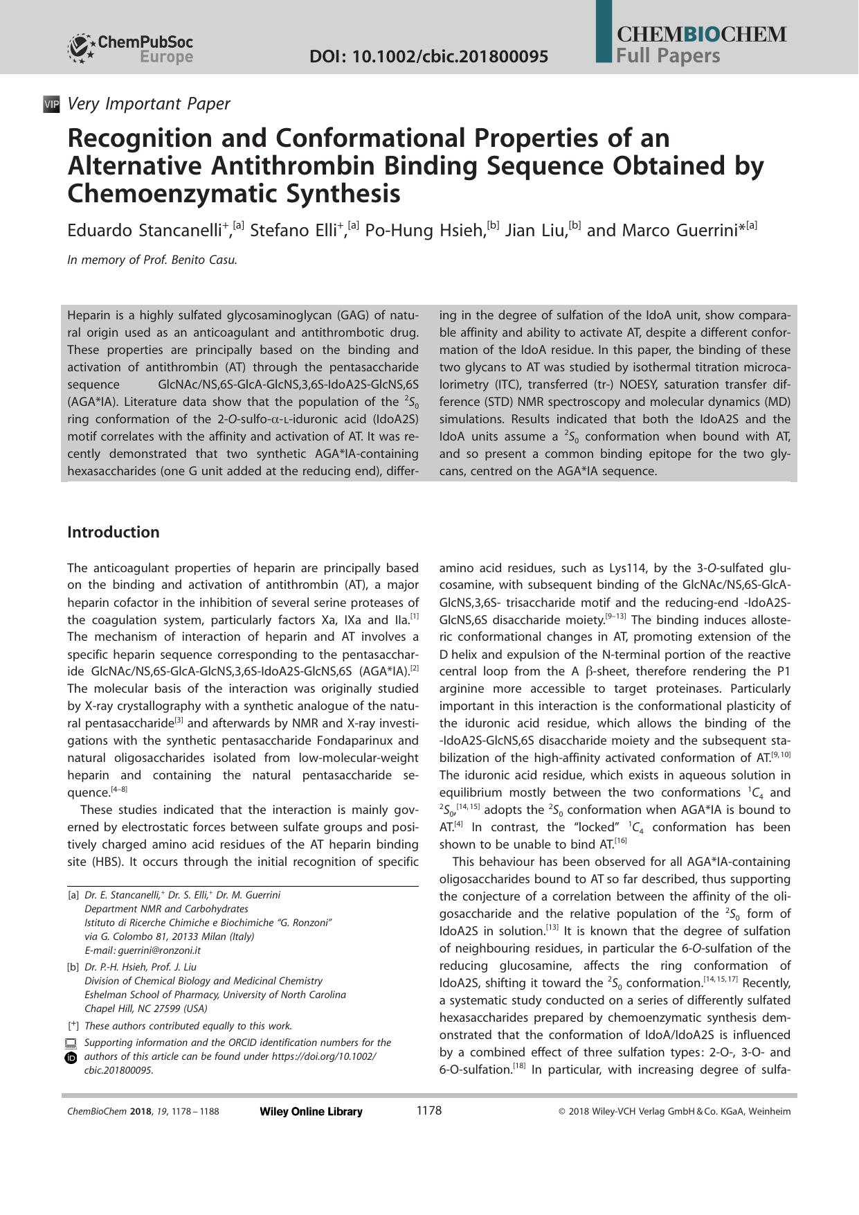 Recognition and Conformational Properties of an Alternative Antithrombin Binding Sequence Obtained by Chemoenzymatic Synthesis by Unknown