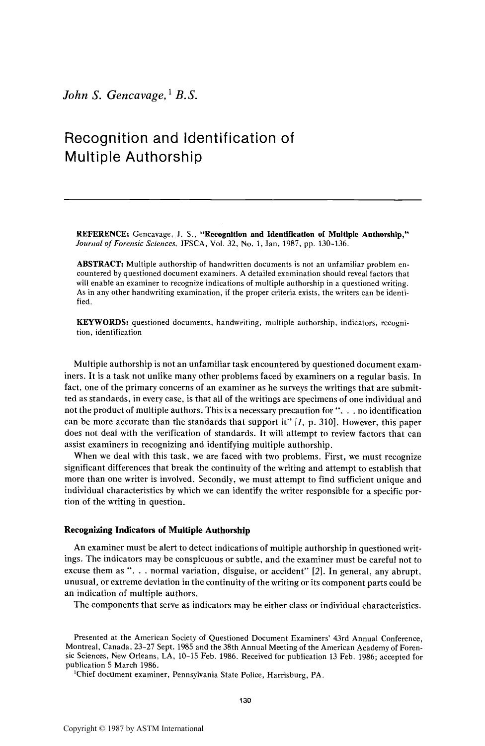 Recognition and Identification of Multiple Authorship by Gencavage JS