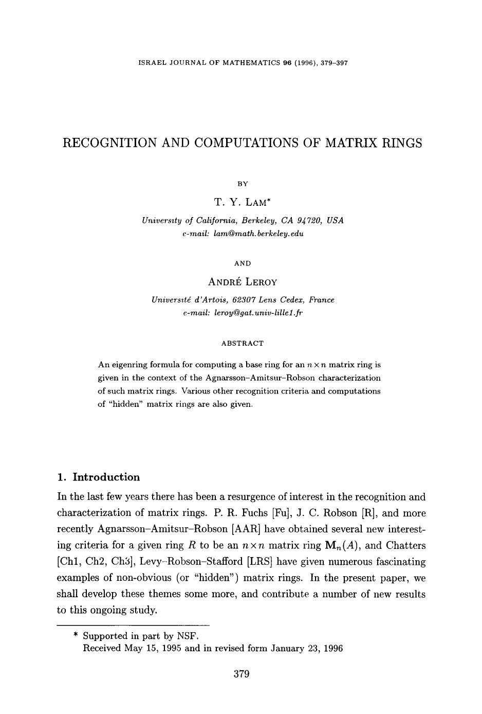 Recognition and computations of matrix rings by Unknown