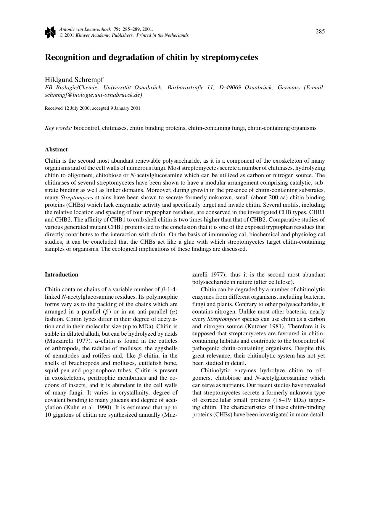 Recognition and degradation of chitin by streptomycetes by Unknown