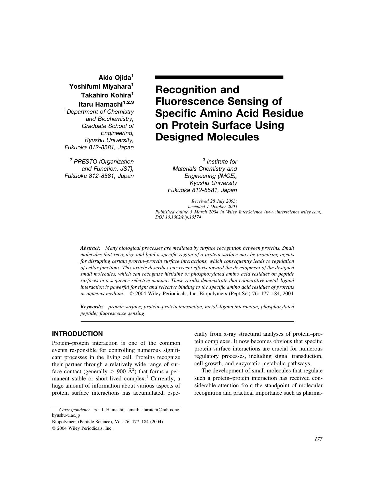 Recognition and fluorescence sensing of specific amino acid residue on protein surface using designed molecules by Unknown